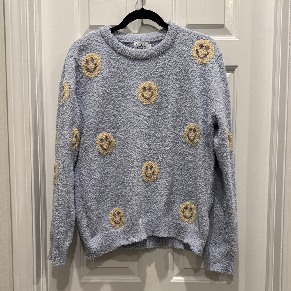 Lola + The Boys Light Blue Smiley Face Crewneck Sweater